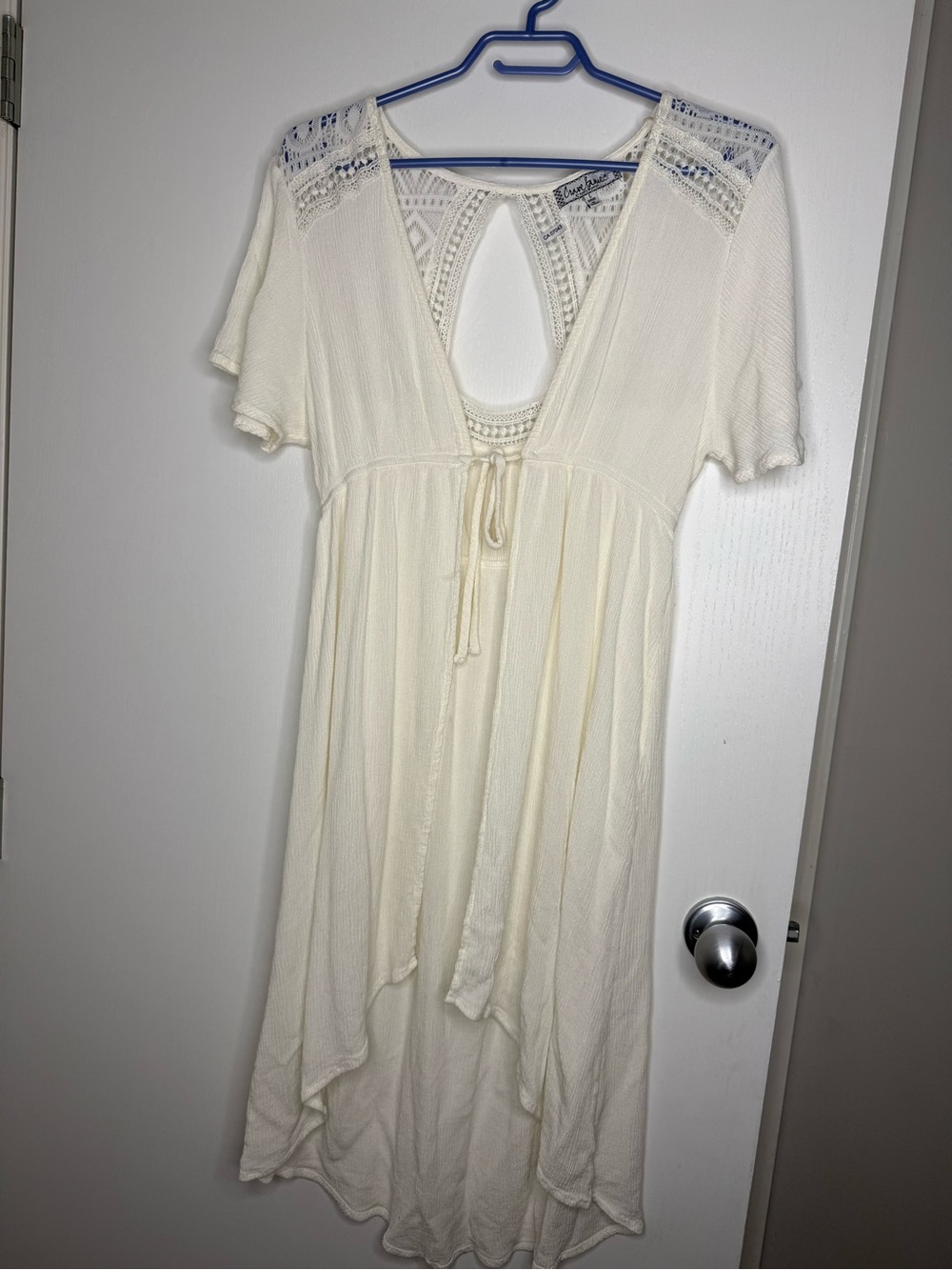 Crave Fame Ivory Woven Yoke Tie-Front Boho Midi Dress Large